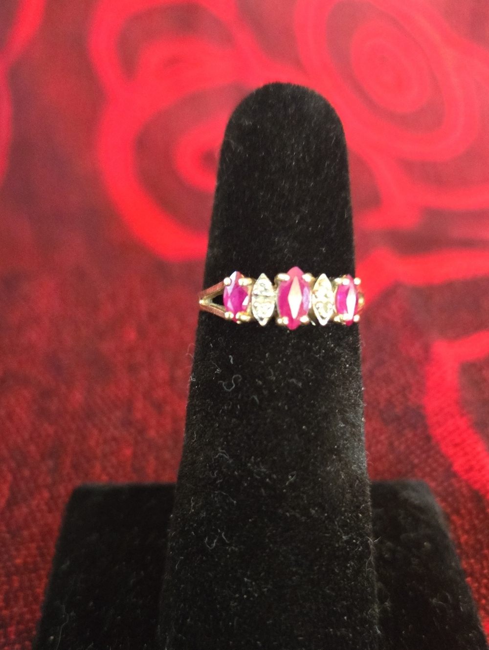 Two Tone 10K Vintage Gold Band, three marquise Rubies, diamond chips, stackable